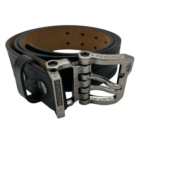 BISON DENIM Belt Dual-Prong Rugged Buckle Black/Brown Leather Sz 34–36 - Picture 1 of 9